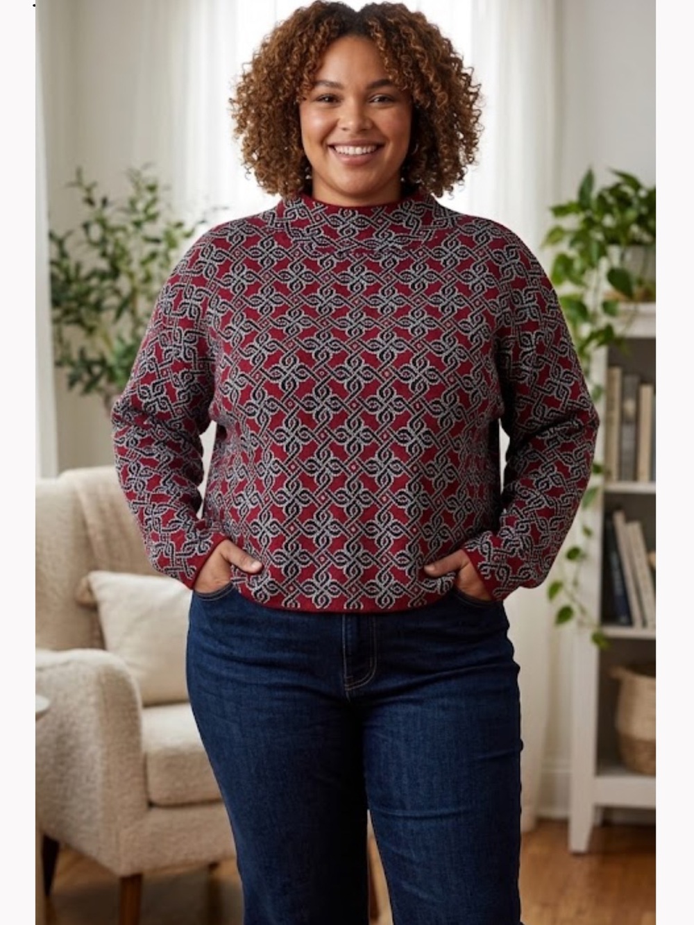 Maeve Women’s Geometric Crewneck Sweater - Red, Black & White